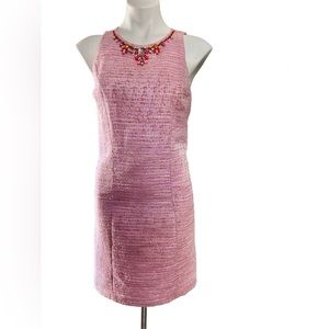 Adrianna Papell‎ pink midi tweed dress with orange jeweled neckline. Size 6
